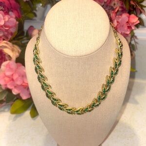 Lisner Signed Gold and Green Rhinestone Leaf Necklace